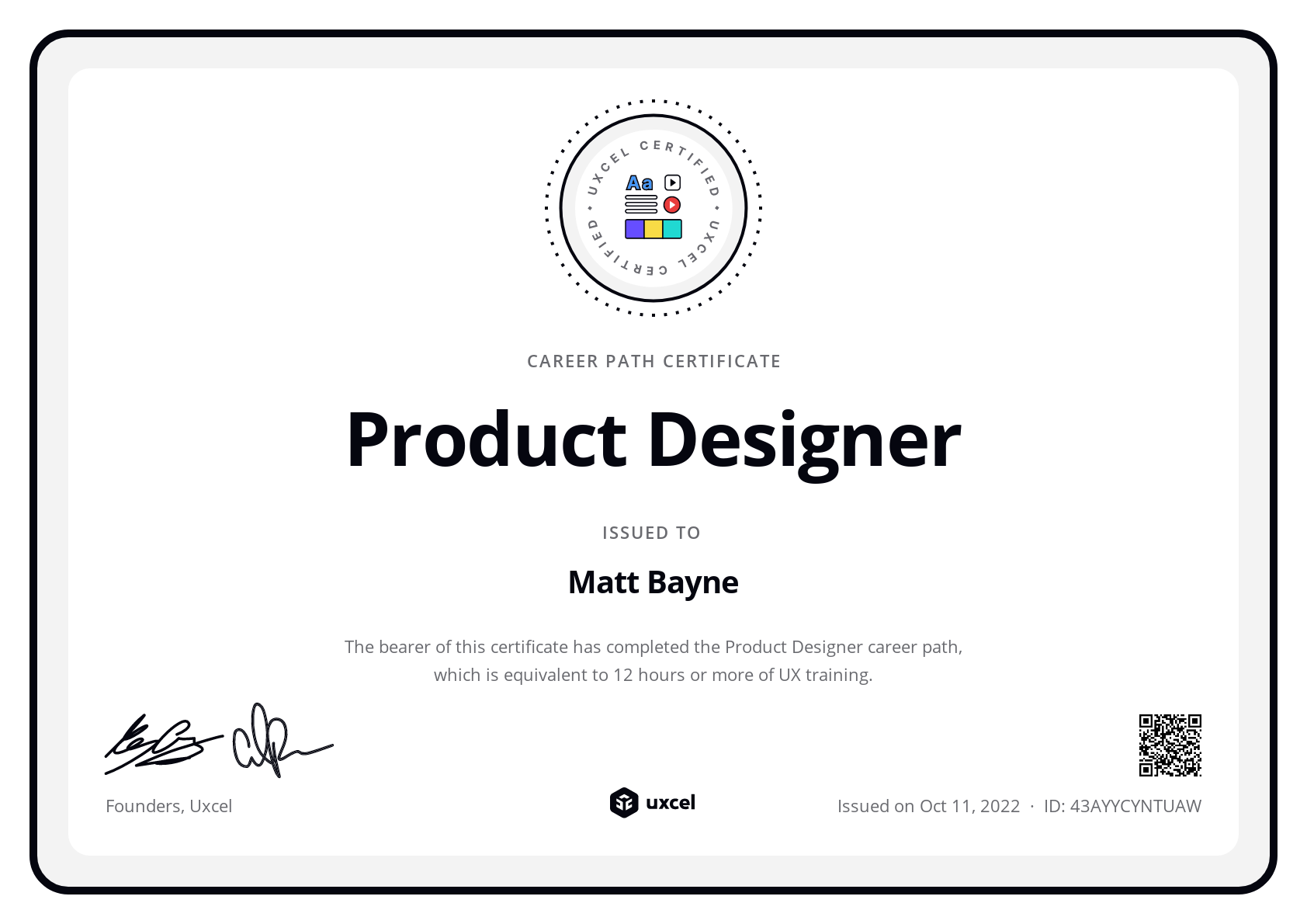Matt Bayne's certificate